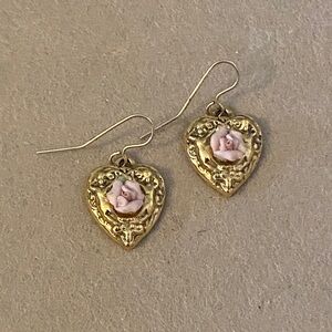 1928 Porcelain Heart & Cherub Angel Heart Earrings
